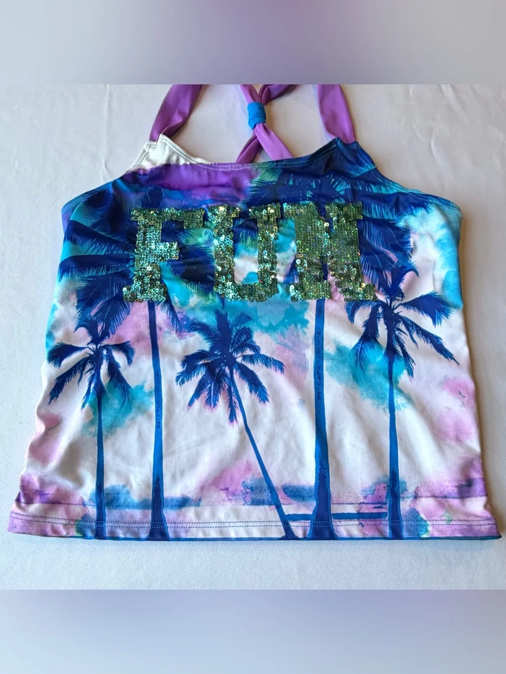 Justice Girls Swimsuit 2 Piece Blue Purple Palm Trees FUN Sequin Tankini Size 18